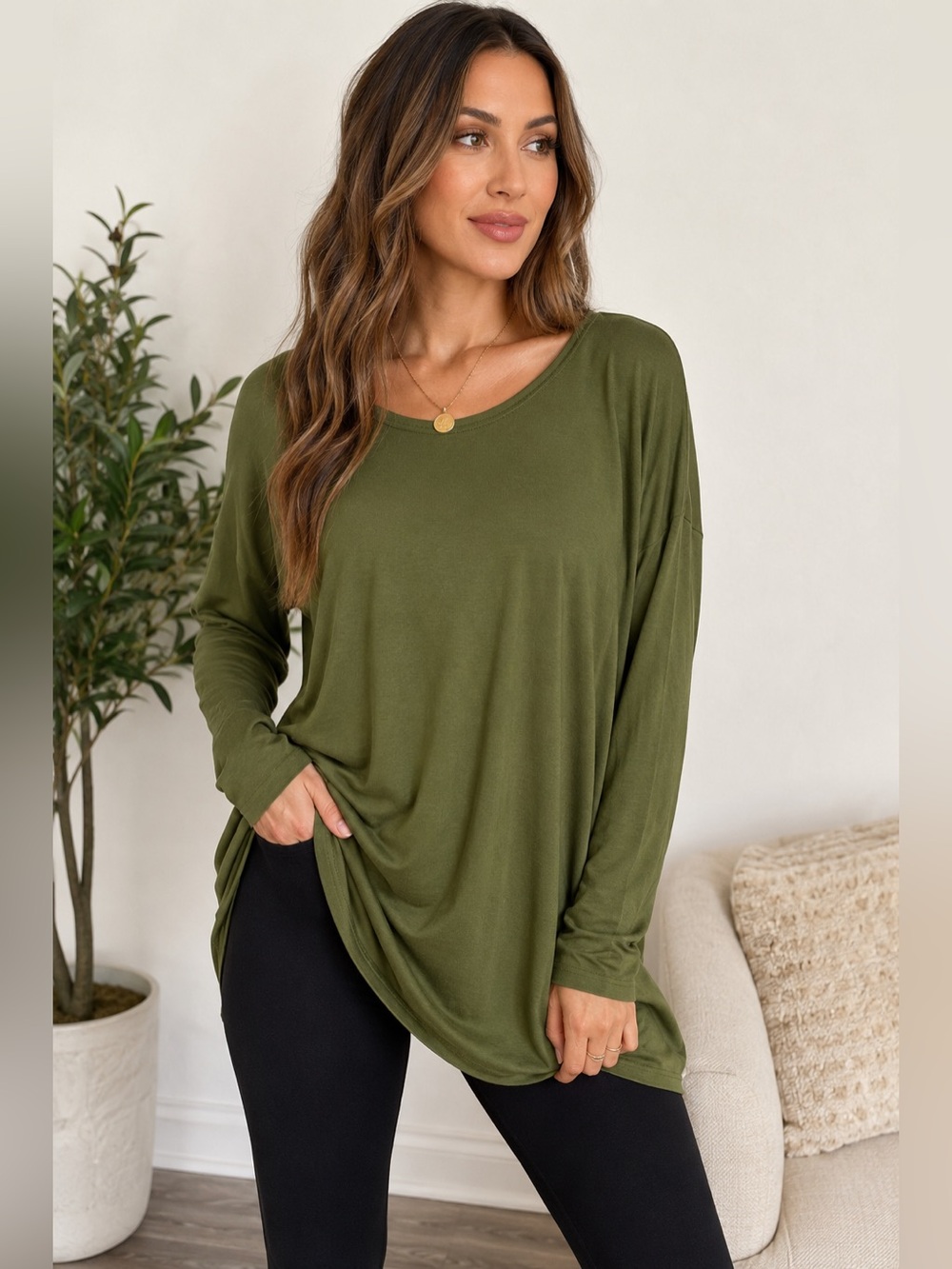 Jack David Olive Green Oversized Long Sleeve Tunic Top